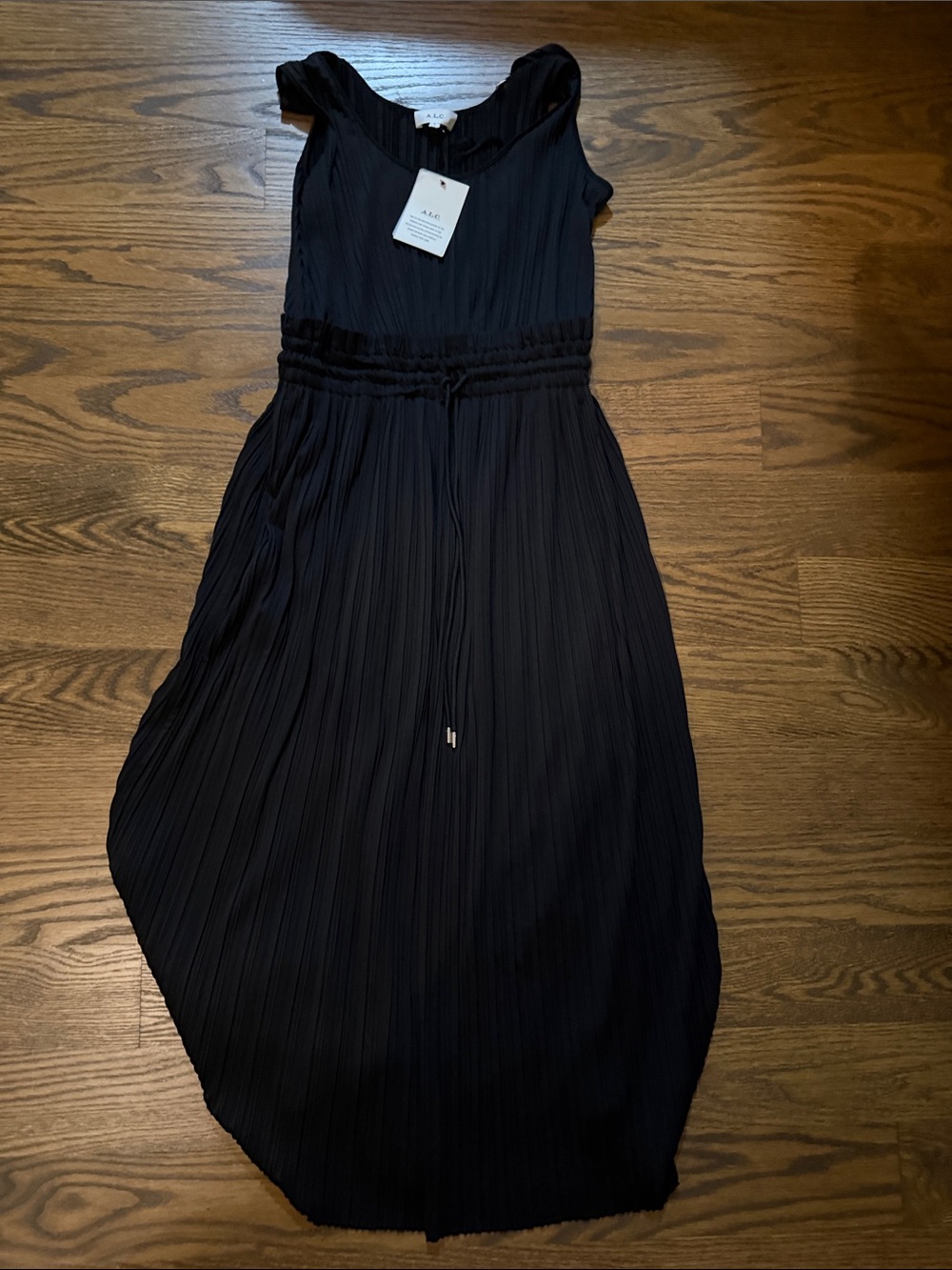 A.L.C. Black Pleated Midi Dress with Drawstring Waist